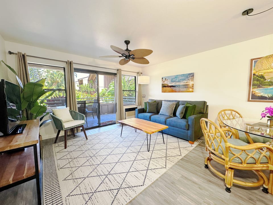 Tropical charm meets modern elegance in this inviting dining space.