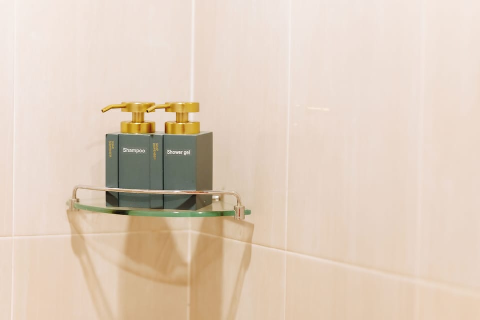 Shower, free toiletries, hair dryer, towels