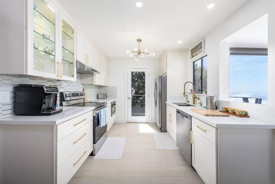 Spacious kitchen with ocean views
