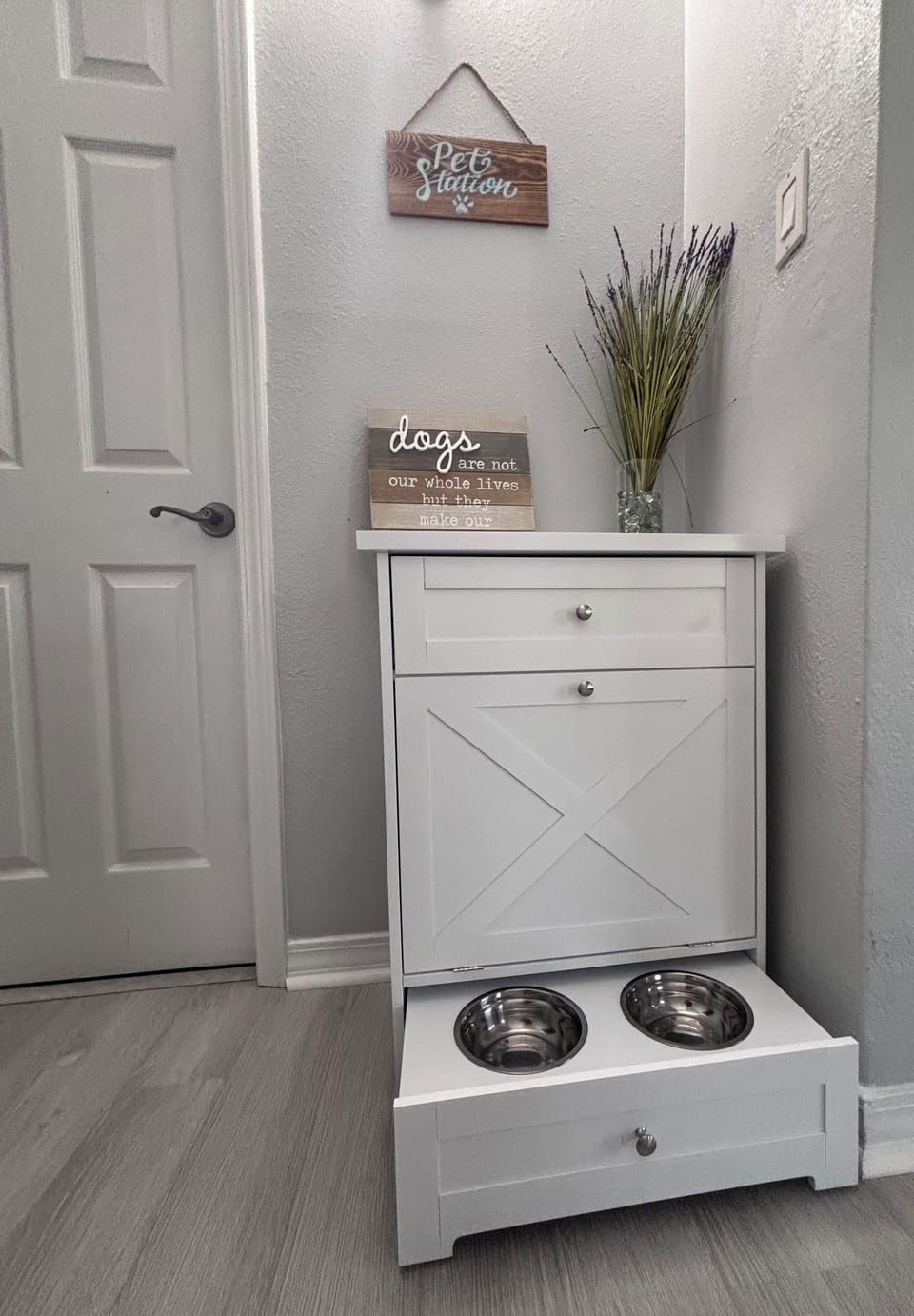 Dog station! Food & water bowls along with extra supplies for your pup!