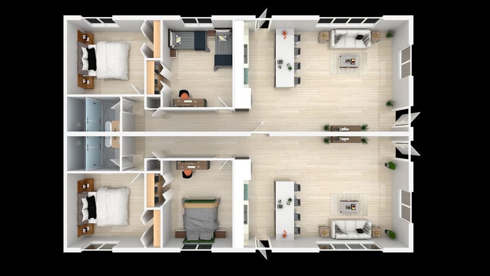 Cocoa Beach Duplex Floor Plan | Two Mirrored Units with Private Bedrooms, Workspaces & Open Living—perfect for families, friends or remote-ready travelers.