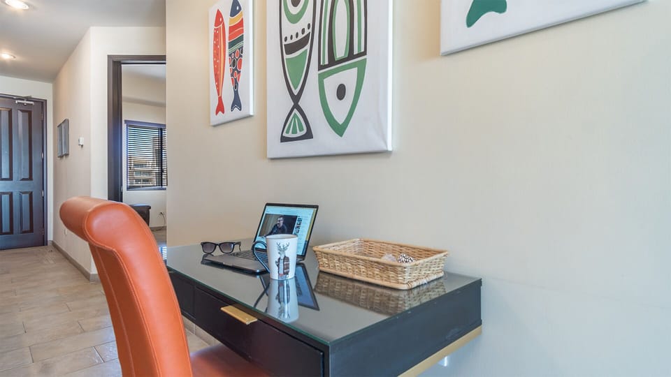 A convenient writing desk in the living room.