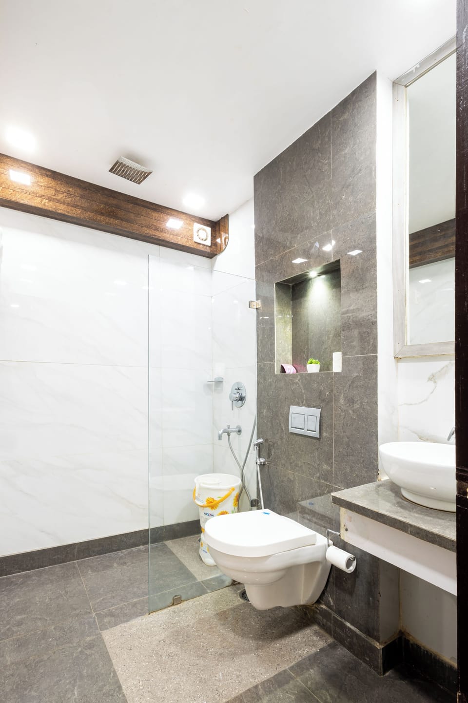 Shower, rainfall showerhead, hair dryer, slippers