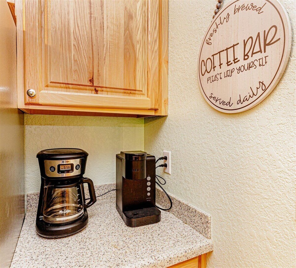 A dedicated coffee station amenity for guests staying at this Alarka Creek mountain retreat in the Smokies.