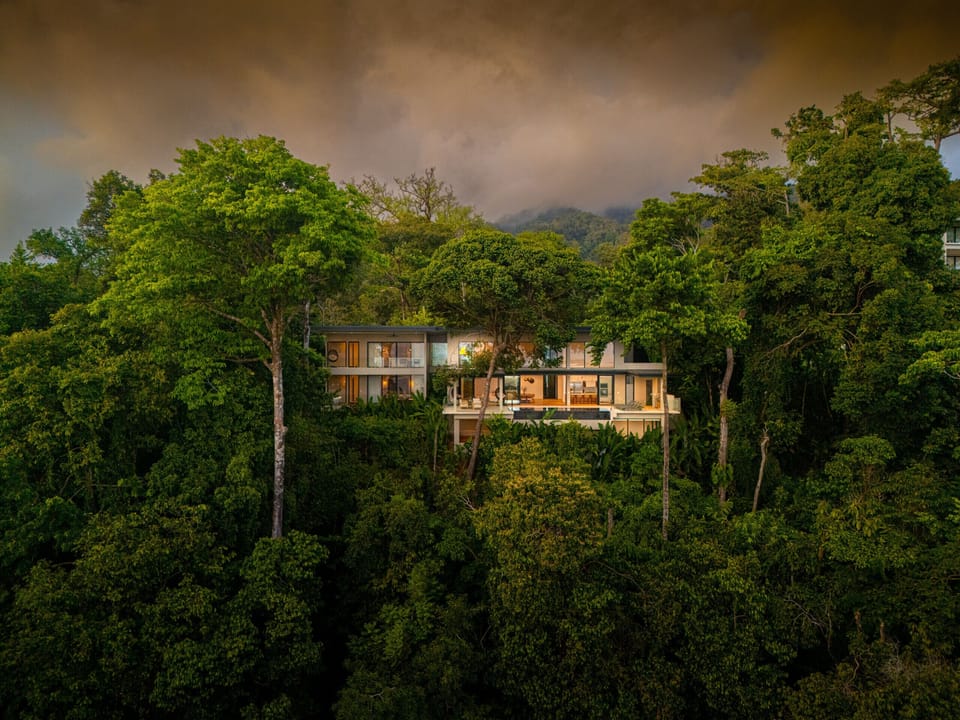 Contemporary villa nestled within dense tropical forest.