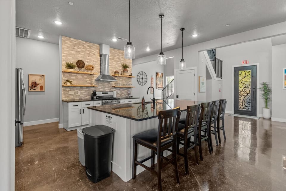 Island with bar seating.