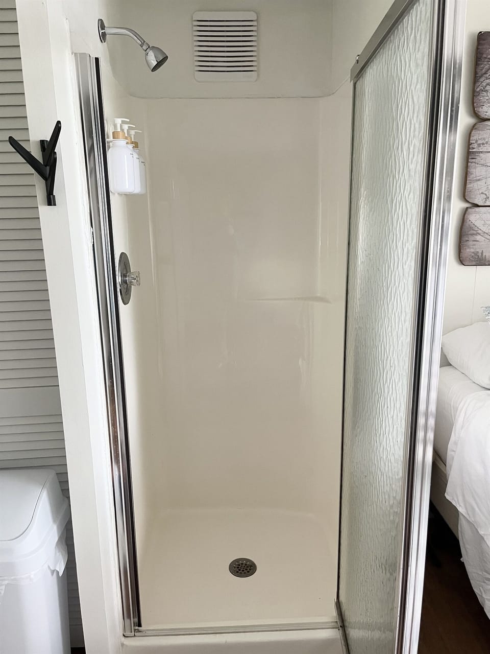 Shower tucked between the sink and queen bed