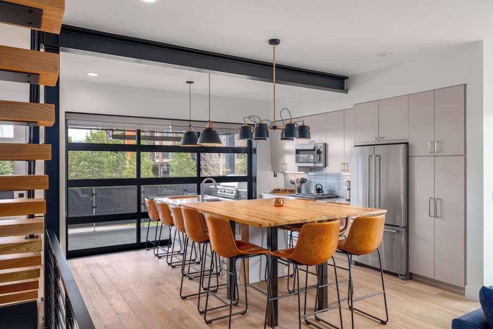 Kitchen with large glass garage door to bring the outdoors in!