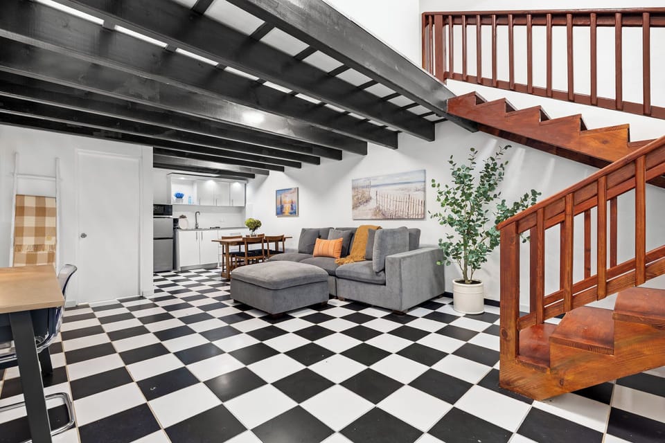 The first floor of the unit features all the living spaces.