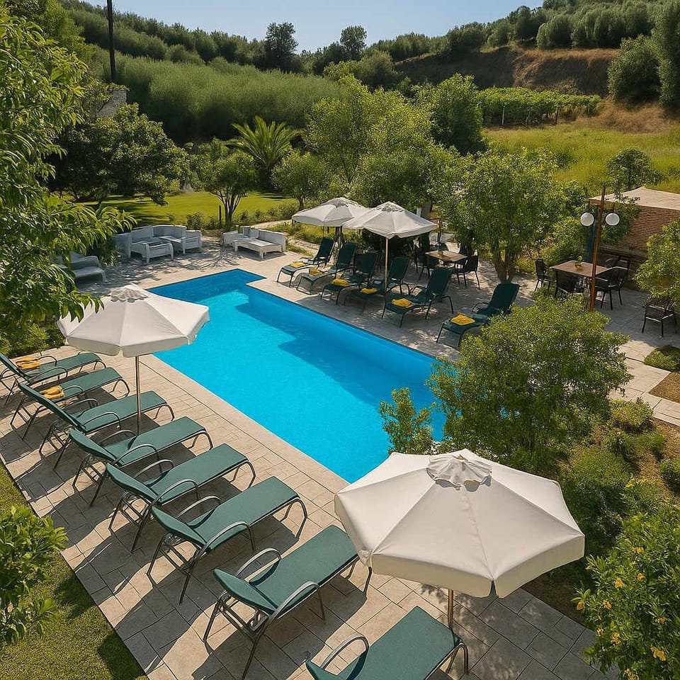 Escape to a serene pool retreat embraced by lush gardens