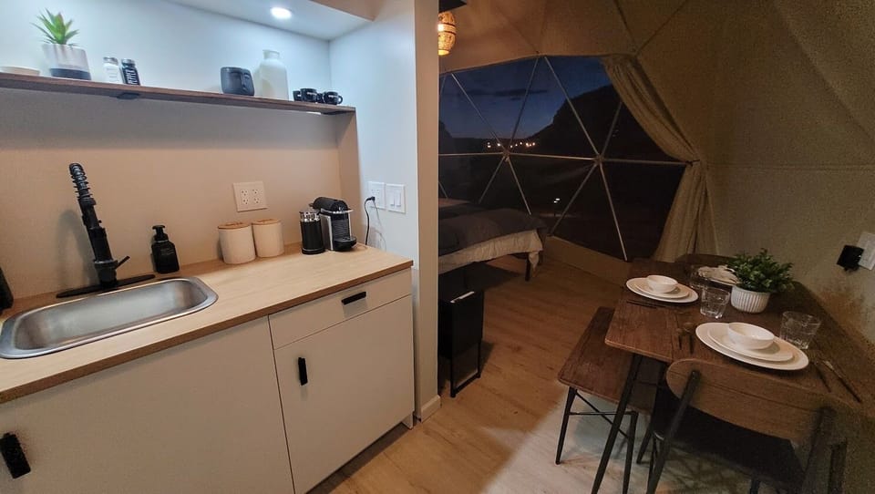 Full-size fridge, microwave, stovetop, espresso maker