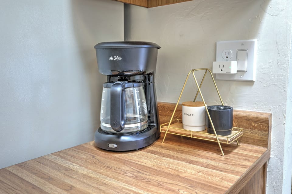 Kitchen with Coffee Maker, Cream and Sugar