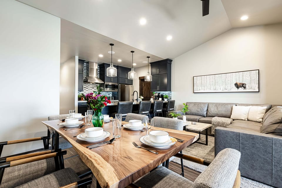 Lovely wood dining table with cushion chairs