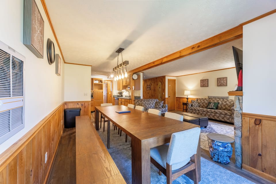 9.5' Dining Table with 6 Chairs & 9' bench for everyone to eat together!