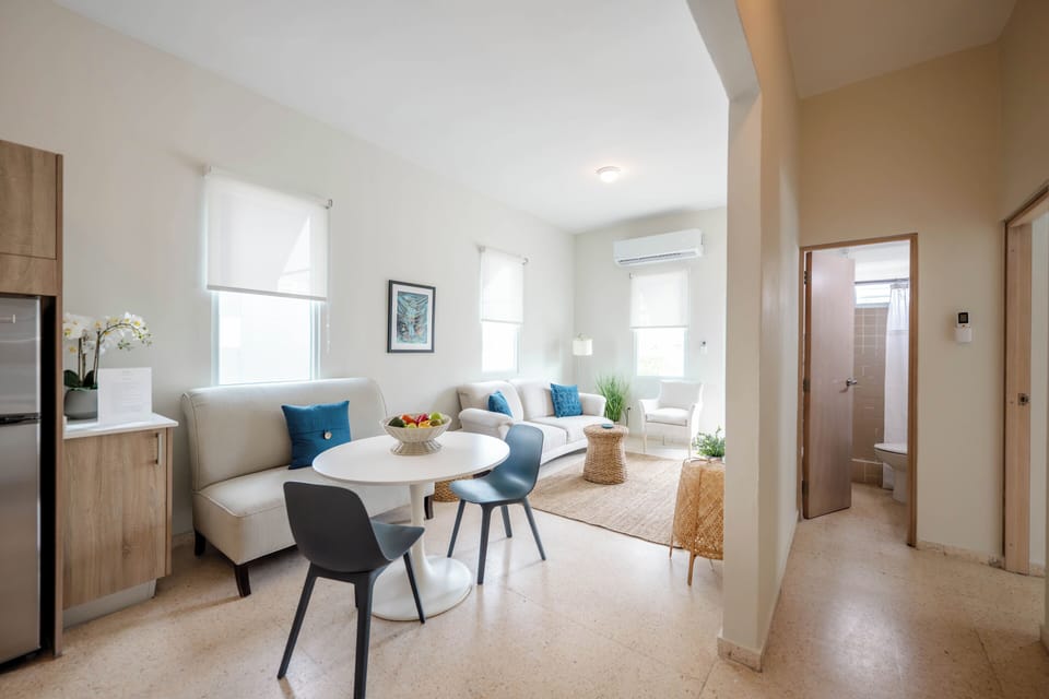 Kitchen, Table and Living Room