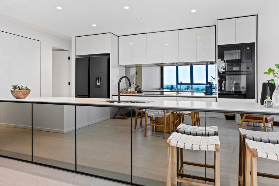 Luxury Apartment | Private kitchen | Full-size fridge, microwave, oven, stovetop