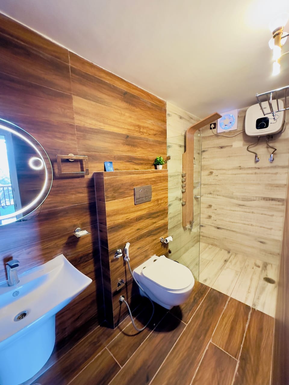 Rainfall showerhead, hair dryer, bathrobes, slippers