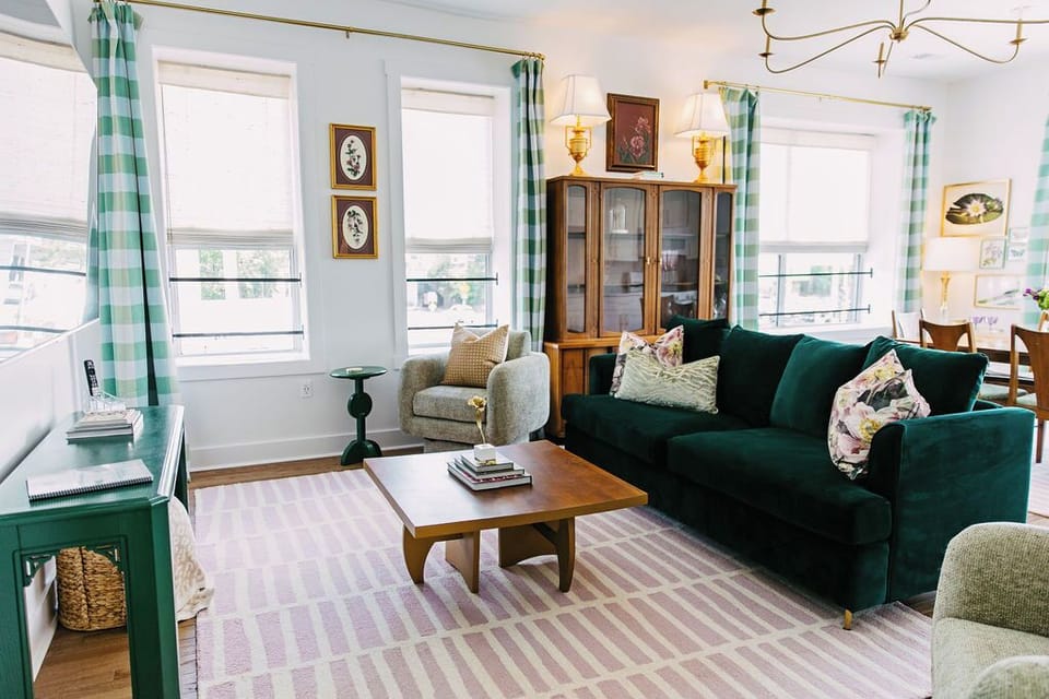 Living Room with Tempurpedic queen sleeper sofa. 