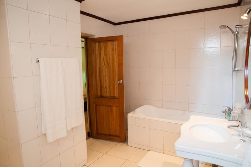 Combined shower/tub, free toiletries, hair dryer, bathrobes