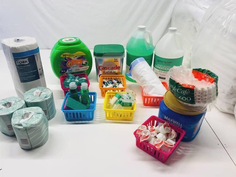Amenities offered - toilet paper, paper towels, laundry pods, dishwasher pods, dish soap and sponge, coffee / creamer / filters, shampoo and conditioner