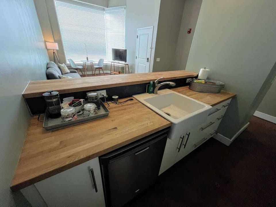 Kitchen with breakfast bar and seating for two