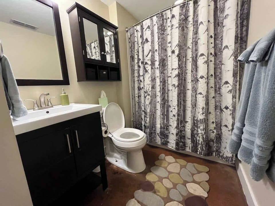Full bathroom with shower, vanity, and fresh towels