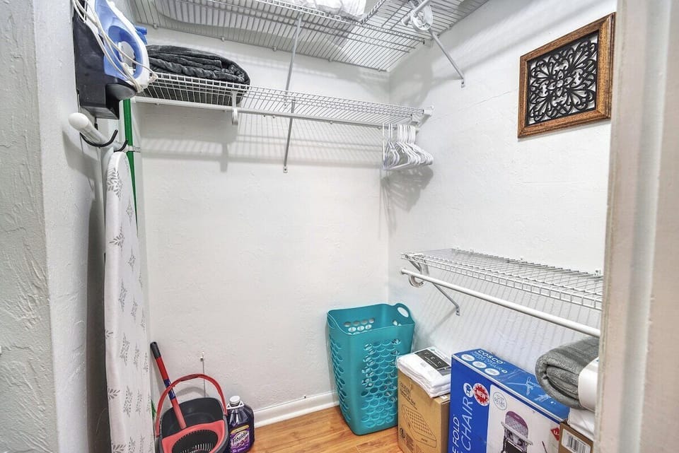 All of the comforts of home in one place. Laundry basket, cleaning supplies, sheets for the futon, air mattress and linens, high chair and pack n'play!