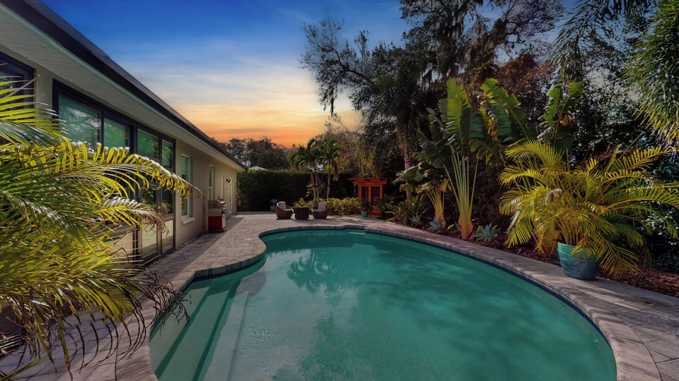Sunset-lit pool perfect for unwinding year-round