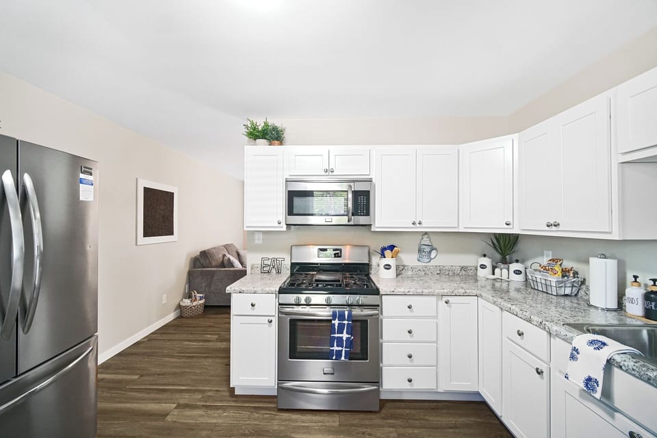 Kitchen view into living room 