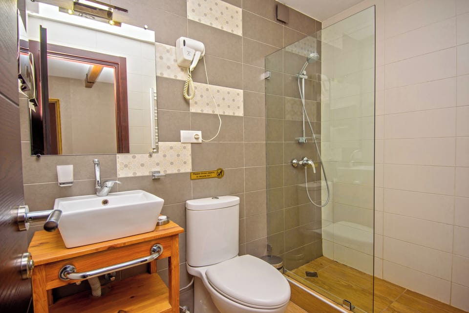Shower, hair dryer, slippers, towels