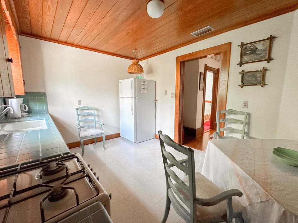 The wood ceiling gives the kitchen a warm and cozy vibe.