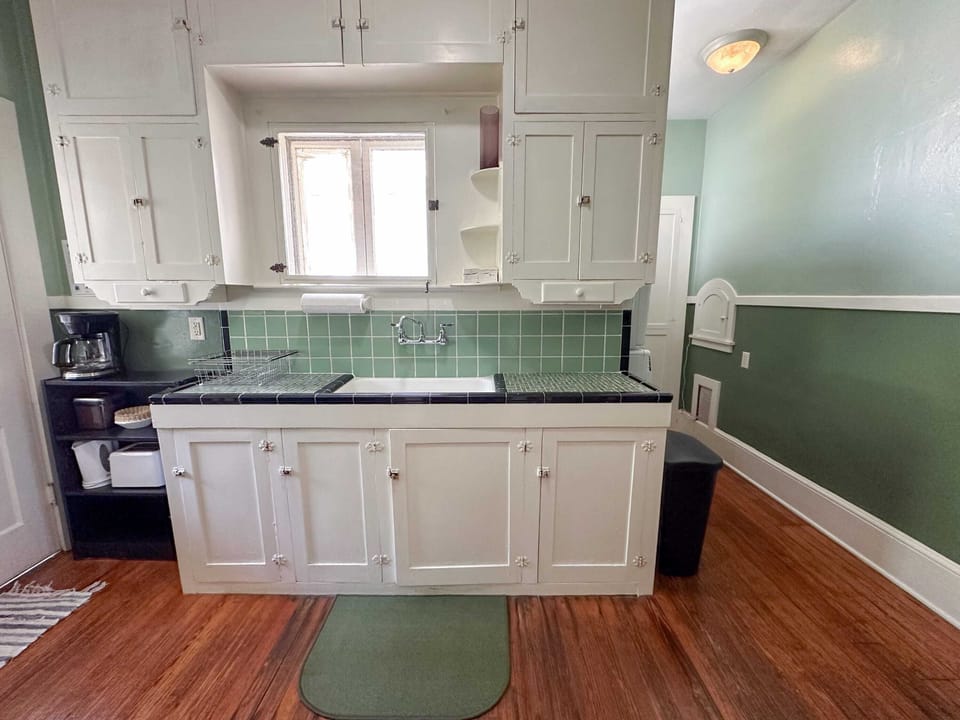 Our vintage kitchen has closed cabinets for that clean, uncluttered look.