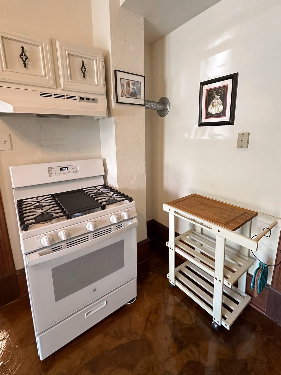 Our cooking and baking nook with a trolley table so that everything you need is within easy reach.