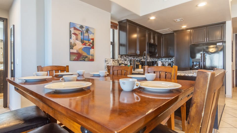 The dining table seats six