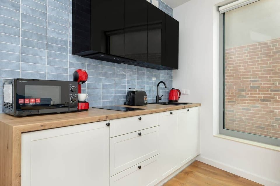 The kitchenette with all the amenities and utensils necessary for preparing meals. There is a microwave, dishwasher, coffee machine and fridge with freezer.