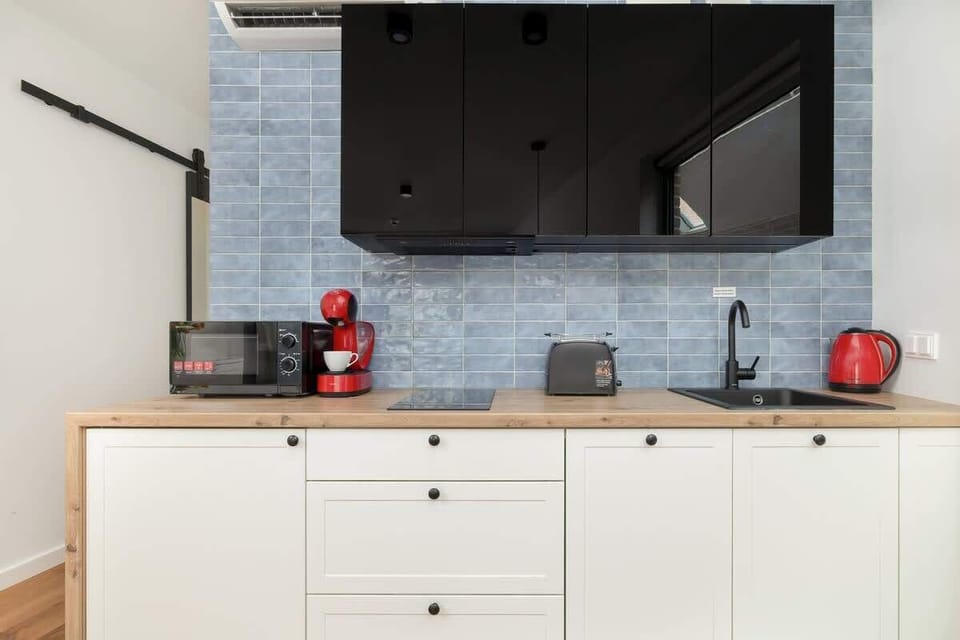 The kitchenette with a microwave, dishwasher, coffee machine and fridge with freezer.
