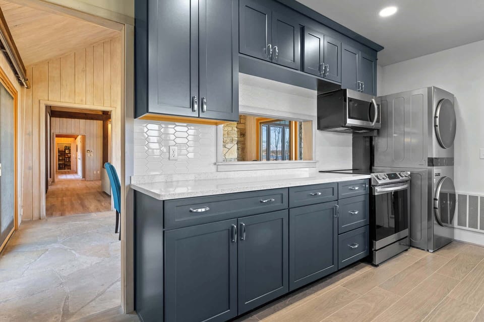 gorgeous kitchen leads into dining room
