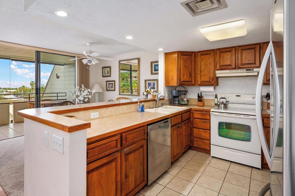 Kitchen overlooking dining area
