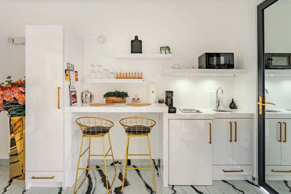 Mini-fridge, microwave, stovetop, espresso maker