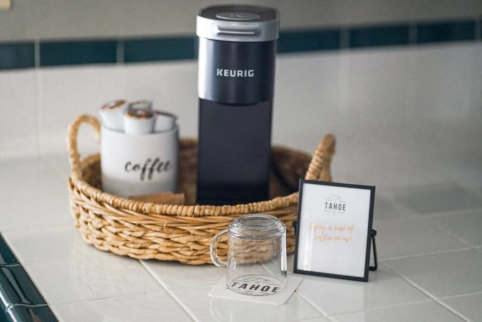 The Tahoe House includes the basics for cooking such as cooking oil and simple seasonings as well as a Keurig® Coffee Maker and coffee bar with K-Cups, sugar, creamer, hot and hot chocolate. 