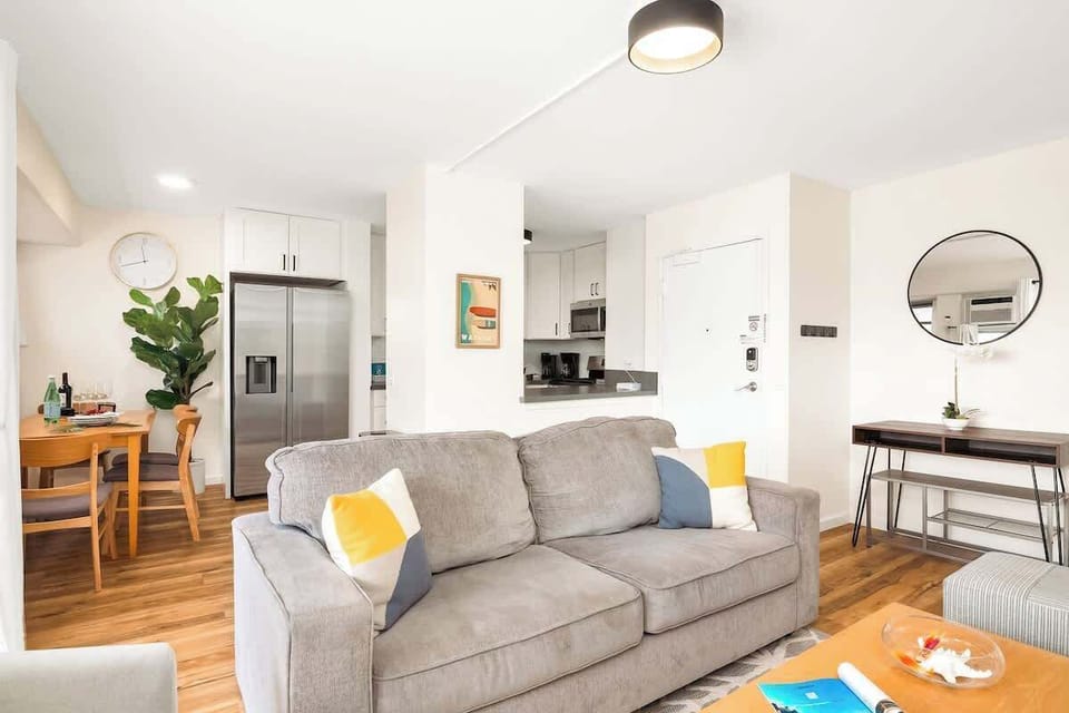 A queen-size pull-out sleeper sofa in the living room.