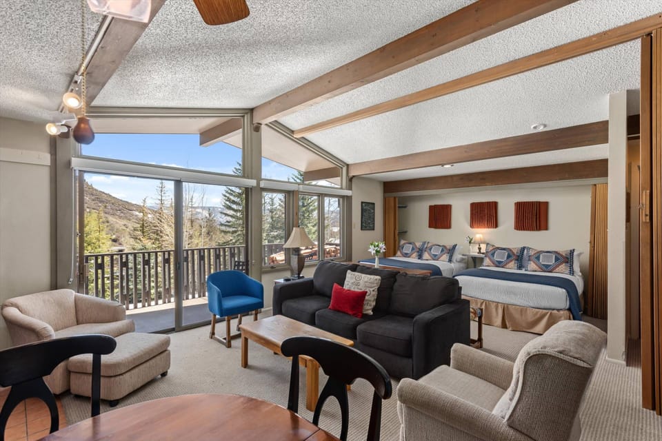 There is an accordion door that separates the living area from the bedroom area should you require privacy.