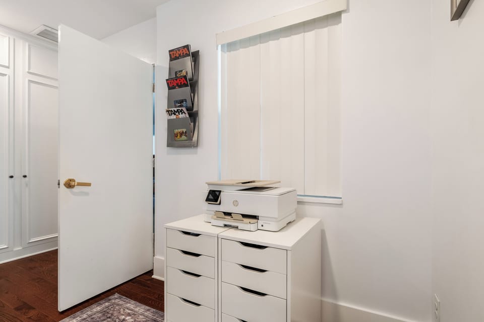 A printer and office storage are ideal for remote workers and longer stays. 