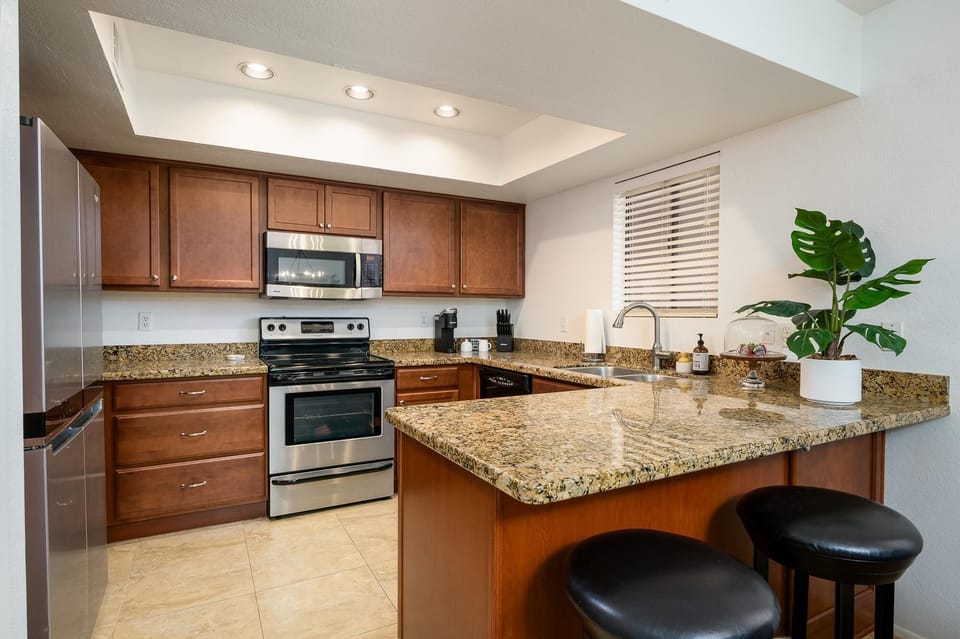 Kitchen has granite counter tops