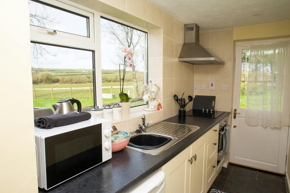 Kitchen: microwave, kettle, toaster, extractor fan and oven. Window looking out to countryside