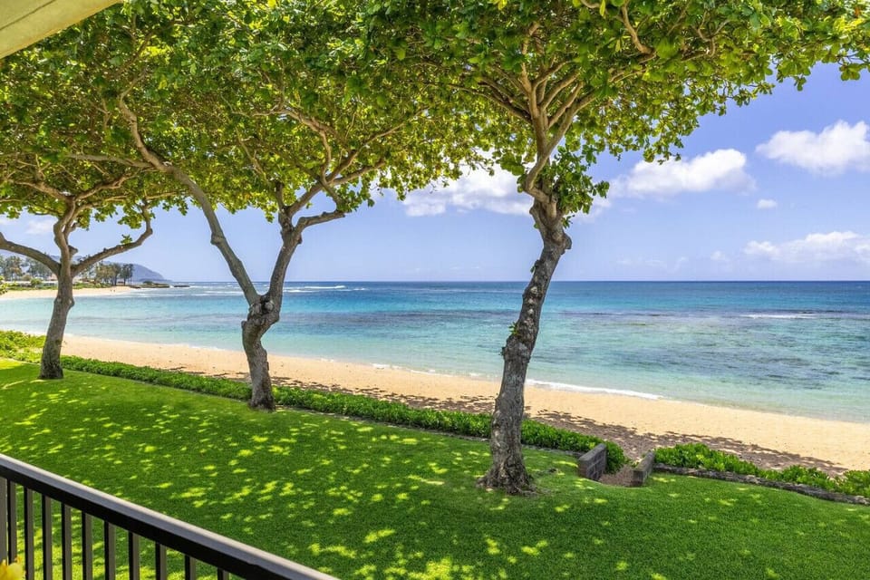 Beachfront spot shaded by trees steps from the water.