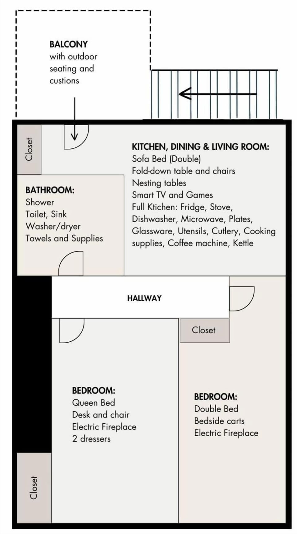 From cozy bedrooms with electric fireplaces to a full kitchen and private balcony, Suite 22 has the comforts of home with a boutique twist.