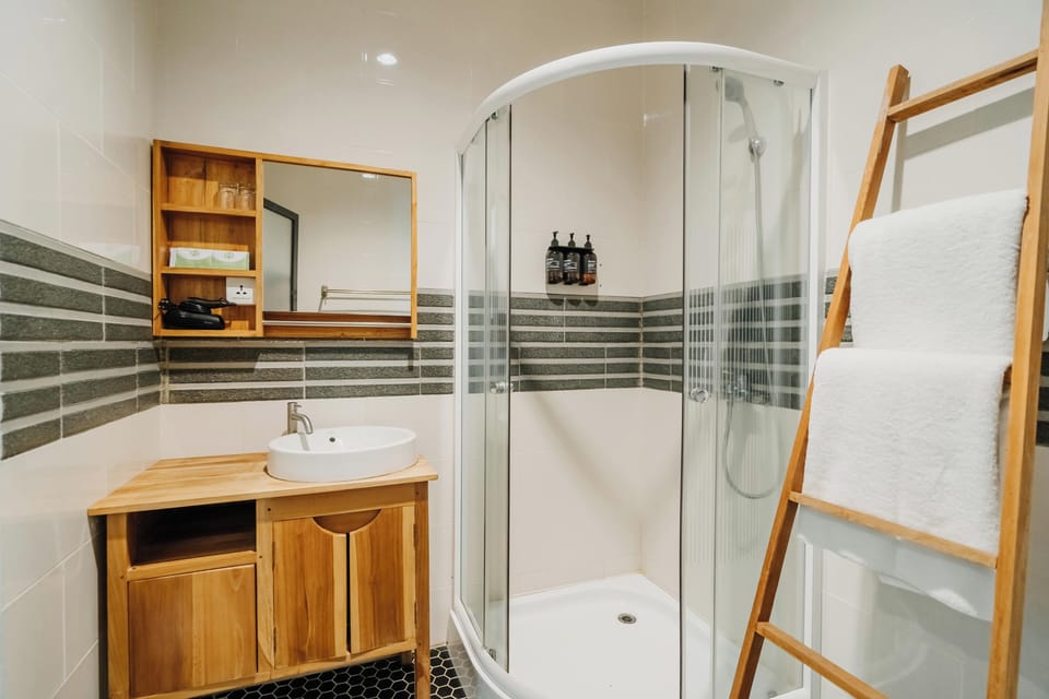 Shower, free toiletries, hair dryer, towels