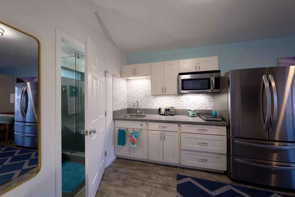 Kitchen with 2 element cooktop, microwave, large refrigerator with water filter.
