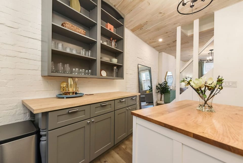 Ample counter space and open shelving for effortless meal prep